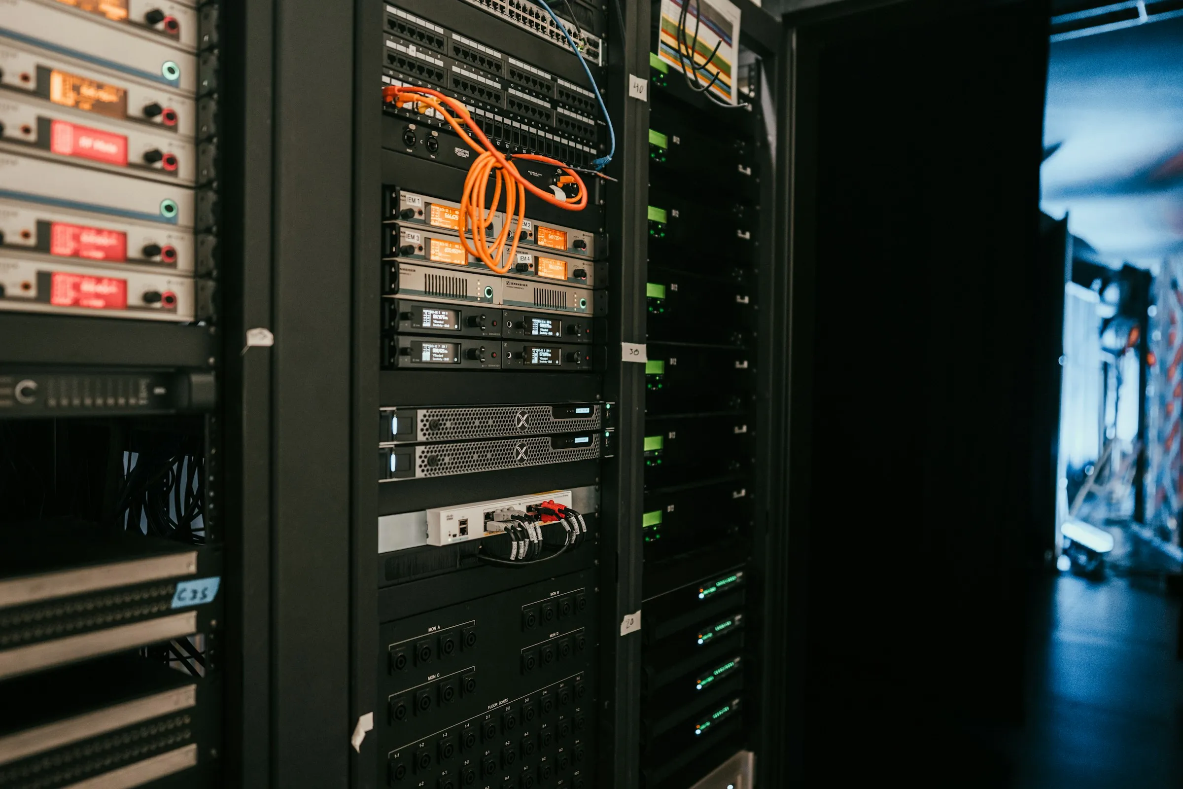Network and server equipment in an operational rack.